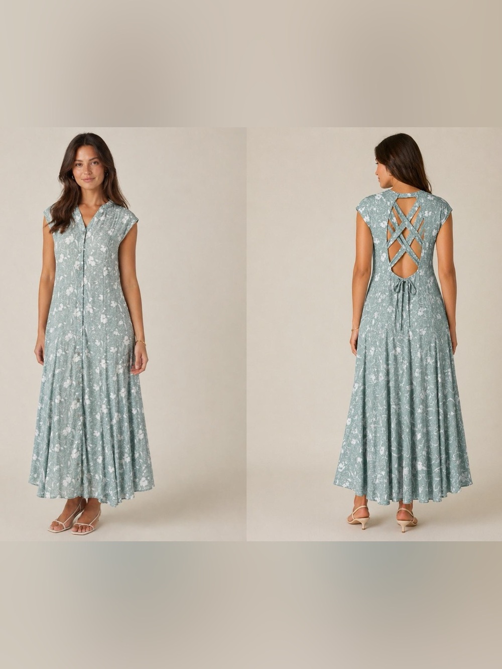 90's Vintage Sage Green Floral Open Back Maxi Dress R.J. & Co. Sz 14 Cottagecore